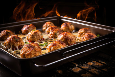 meatballs baking in a hot oven on a tray, created with generative aiの素材
