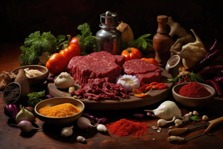 ingredients arranged: minced meat, sauce, spices, created with generative aiの素材