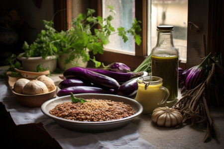 fresh ingredients for moussaka on kitchen counter, created with generative aiの素材
