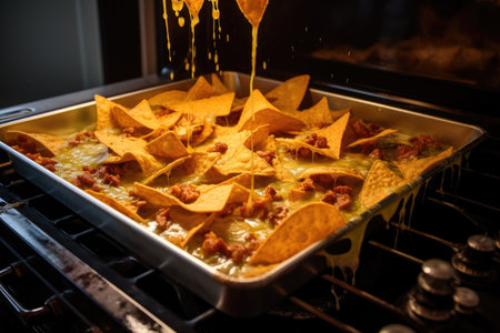 melted cheese bubbling on nachos from oven, created with generative aiの素材