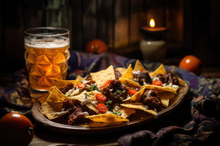 homemade nachos with a cold drink on the side, created with generative aiの素材