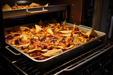 oven with baking sheet full of nacho layers, created with generative aiの素材