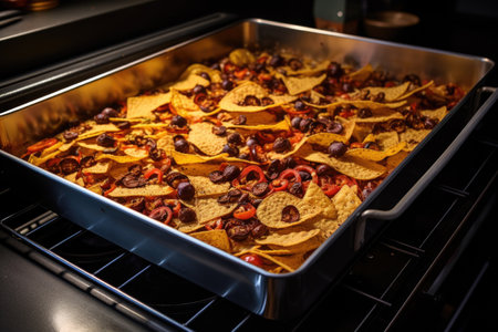 oven with baking sheet full of nacho layers, created with generative aiの素材