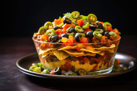 layered nachos with beans, cheese, and jalapenos, created with generative aiの素材