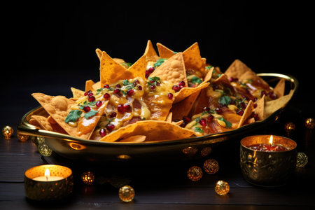 golden crispy nachos in a festive serving platter, created with generative aiの素材