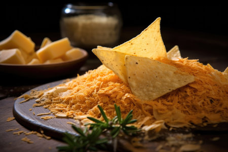 close-up of freshly grated cheese over tortilla chips, created with generative aiの素材