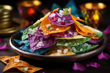 crisp tortilla chips with colorful toppings, created with generative aiの素材