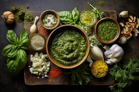 overhead shot of pesto ingredients arranged artistically, created with generative aiの素材