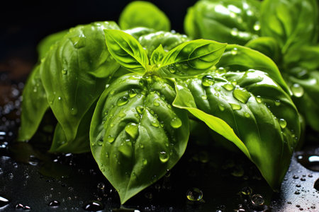 freshly picked basil with water droplets on leaves, created with generative aiの素材