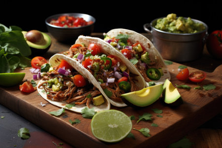 pulled pork tacos with fresh lime and avocado, created with generative aiの素材
