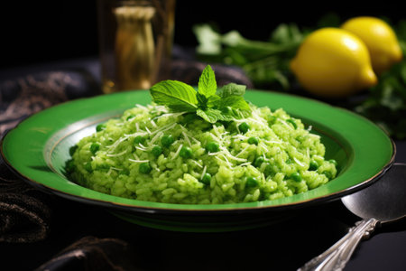 lemon zest and fresh pea risotto garnished with mint leaves, created with generative aiの素材