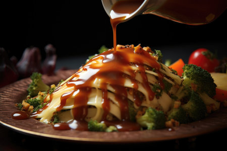 drizzling sauce over a dish, close-up, created with generative aiの素材