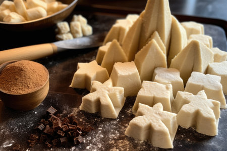 close-up of scone dough rolled out and cut into shapes, created with generative aiの素材
