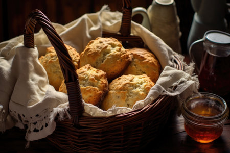 scones arranged in a wicker basket with linen napkin, created with generative aiの素材