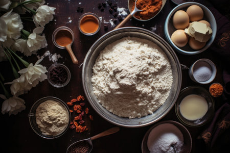 top view of scone-making process with ingredients and tools, created with generative aiの素材