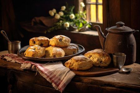 freshly baked scones on a rustic wooden table, created with generative aiの素材