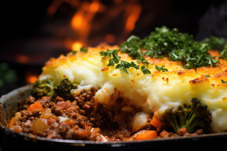 steamy and delicious shepherds pie close-up, created with generative aiの素材
