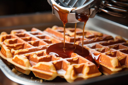 close-up of waffle batter being poured into waffle iron, created with generative aiの素材