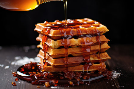 stack of homemade waffles with syrup drizzling, created with generative aiの素材