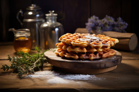 freshly baked waffles on a rustic wooden table, created with generative aiの素材