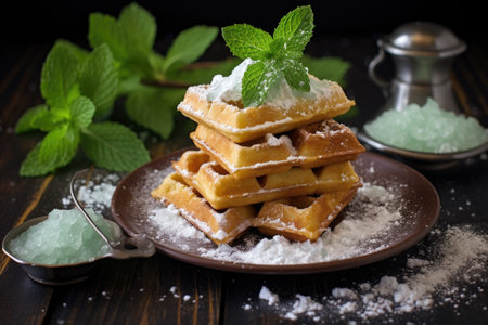 waffles with a dusting of powdered sugar and mint, created with generative aiの素材
