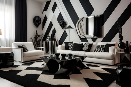 monochromatic living room with geometric decor, created with generative aiの素材
