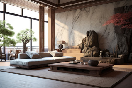 zen-inspired living room with simple design elements, created with generative aiの素材