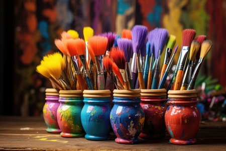 colorful pottery paint brushes on a wooden table, created with generative aiの素材