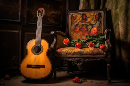 flamenco guitar resting on a traditional chair, created with generative aiの素材