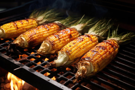 grilling corn on the cob with husks pulled back, created with generative aiの素材