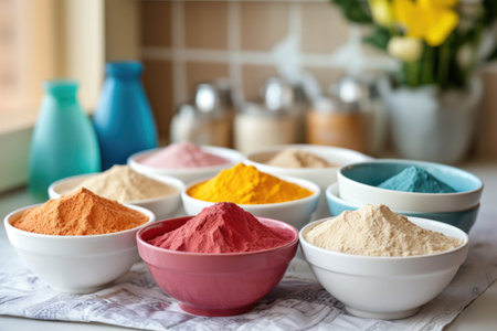 assorted gluten-free flours in colorful bowls on a kitchen counter, created with generative aiの素材