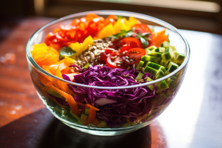 a colorful gluten-free salad in a glass bowl, created with generative aiの素材