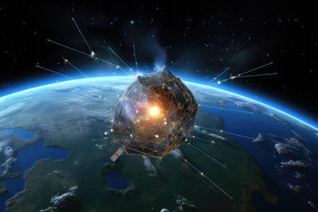 quantum radar satellite orbiting earth, created with generative aiの素材