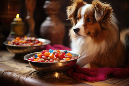 close-up of puppy food and water bowls, created with generative aiの素材