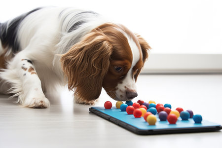 puppy looking at a dog puzzle toy for mental stimulation, created with generative aiの素材