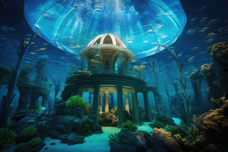 water city dome with marine life, created with generative aiの素材