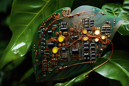 close-up of a leaf with electronic components, merging nature and technology, created with generative aiの素材