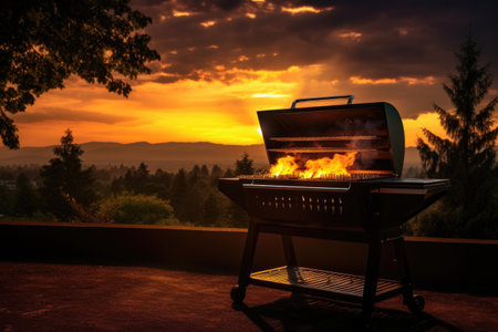 bbq grill with flames and smoky atmosphere at sunset, created with generative aiの素材