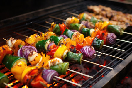 skewers with colorful veggies roasting on a grill, created with generative aiの素材