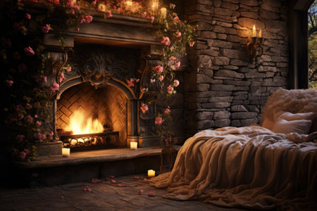 a lit fireplace casting a soft, romantic glow on surrounding surfaces, created with generative aiの素材
