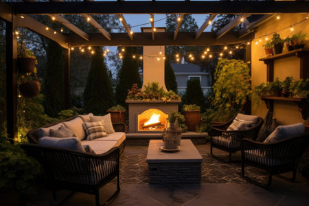 outdoor fireplace with patio furniture and string lights, created with generative aiの素材