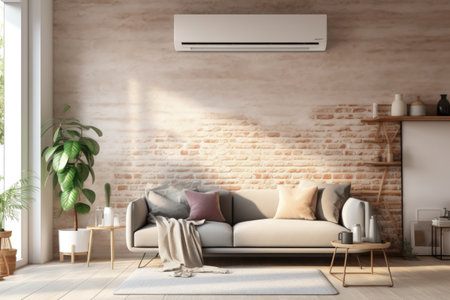 smart air conditioner on a living room wall, modern interior, created with generative aiの素材