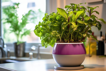 close-up of a smart pot with healthy plant growth, created with generative aiの素材