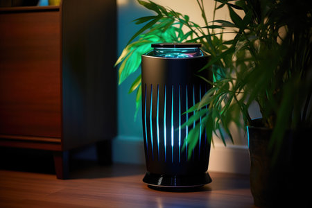 close-up of air purifier with glowing led indicator, created with generative aiの素材