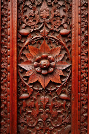 carved wooden patterns on a vintage door panel, created with generative aiの素材
