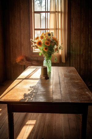 rustic wood table top with sunlight streaming through, created with generative aiの素材