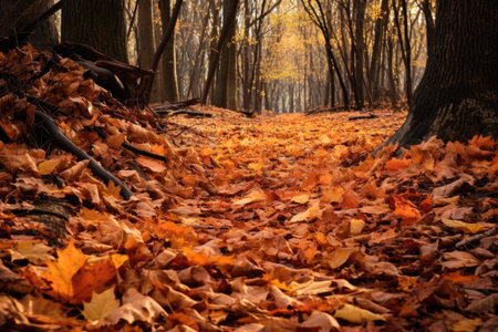 fallen autumn leaves on a forest trail, created with generative aiの素材