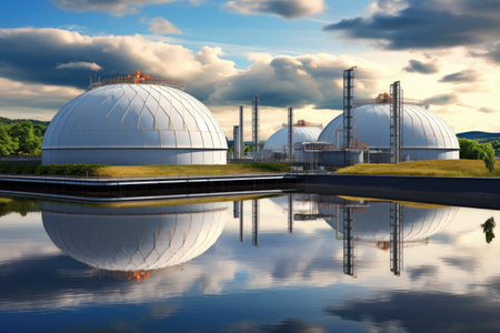 hydrogen storage tanks with renewable energy sources in background, created with generative aiの素材
