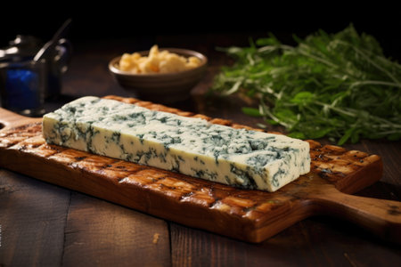 cedar plank with blue cheese and grill marks on wooden table, created with generative aiの素材