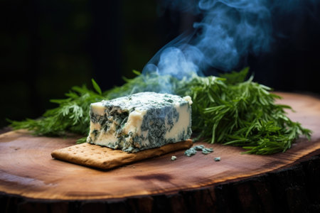 cedar plank grilling blue cheese with smoke rising, created with generative aiの素材